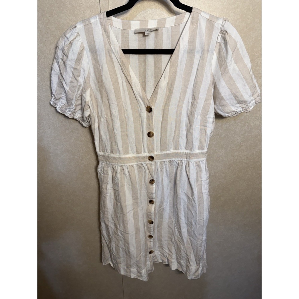 LOFT Linen Blend Beige Striped Fit & Flared Button Front Dress Women's Size 8